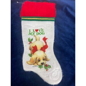 Christmas Stocking with "I Love My Dog" Print White Red‎ Trim